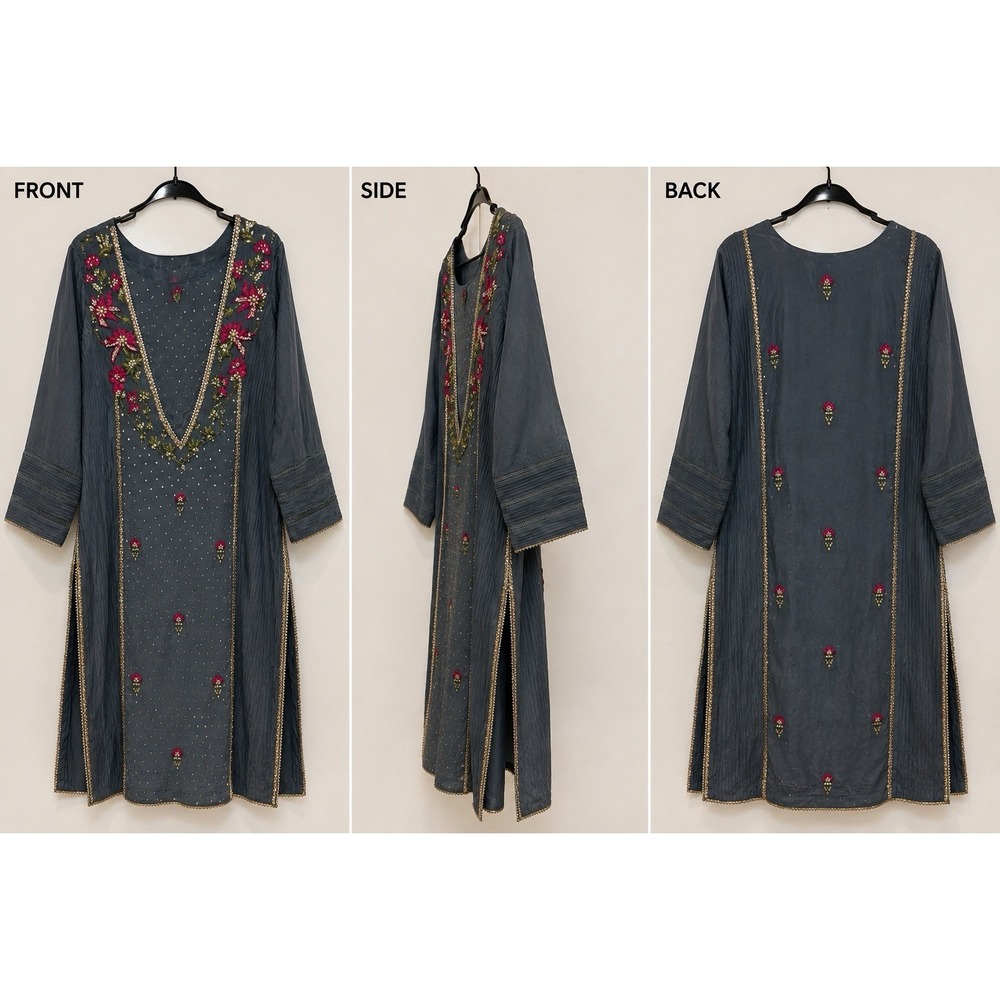 Women's Gray Embroidered Kurta Pakistani Indian Traditional Tunic Top A29